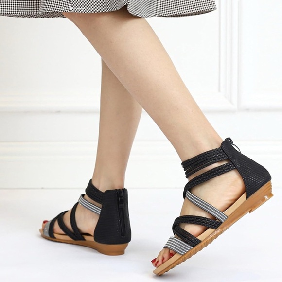 Women's Flat Sandal Flip Flops Open Toe Strap Zipper Back Flatform Wedge Sandals - Picture 2 of 16